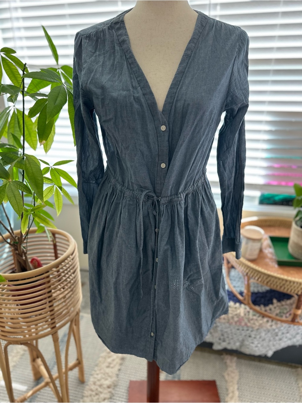 Gap Casual Drawstring Button-Front Women’s Dress - Blue 100% cotton!